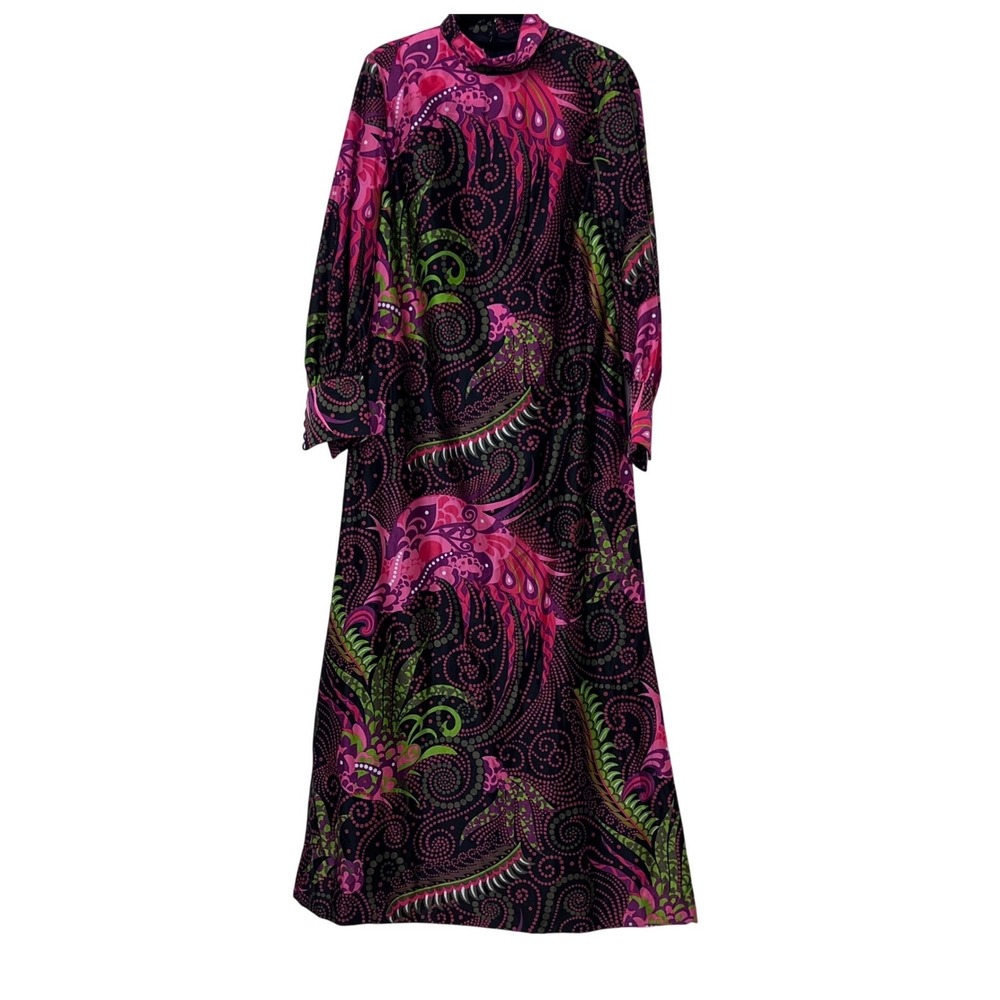 Vtg Qiana Du Pont Maxi Dress‎ 1970s Psychedelic Print Mock Neck Long Sleeve READ